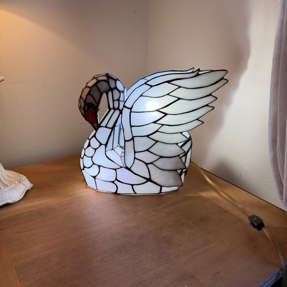 Stained Glass Swan Accent Lamp White Iridescent Tiffany Style Bird 2 Lights